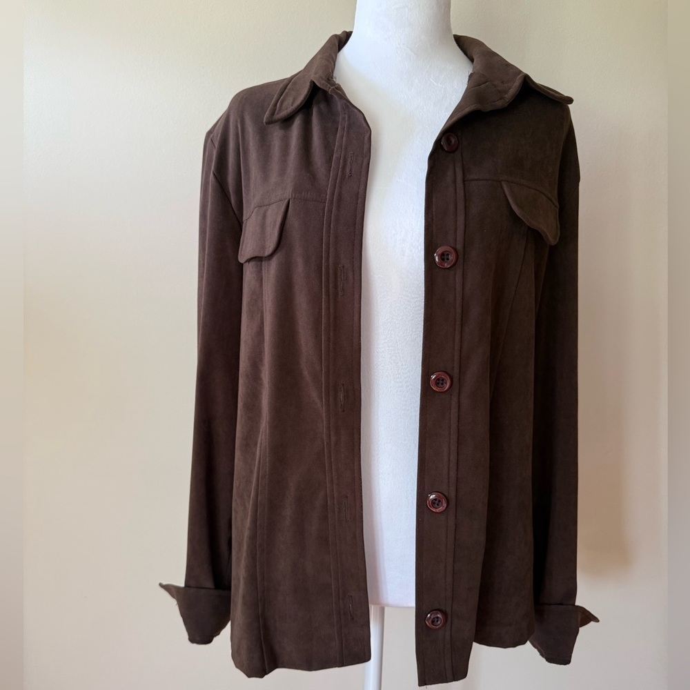 70’s Style Faux Suede Espresso Brown Shacket Button Down Vintage Evidence label